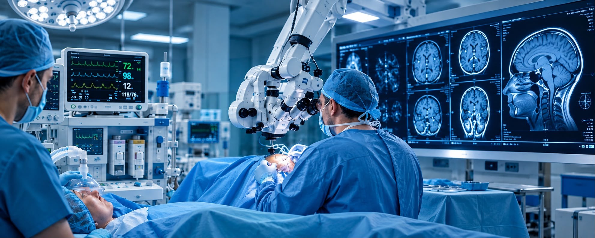 Deux neurochirurgiens travaillant avec un microscope chirurgical